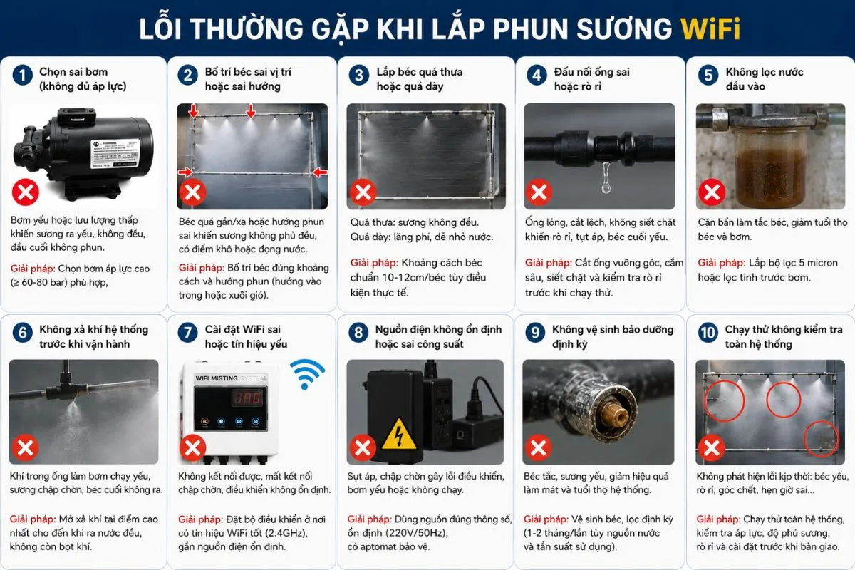 Nguyên lý hoạt động của hệ thống phun sương điều khiển WiFi 3 Lỗi thường gặp và hiểu lầm phổ biến khi lắp phun sương WiFi
