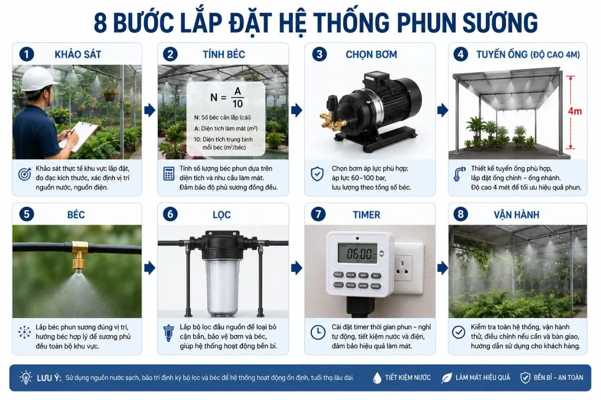 Nguyên Lý Làm Mát Bằng Phun Sương và Lợi Thế So Với Điều Hòa 2 Quy Trình Lắp Đặt Từng Bước Từ Đo Đạc Đến Vận Hành